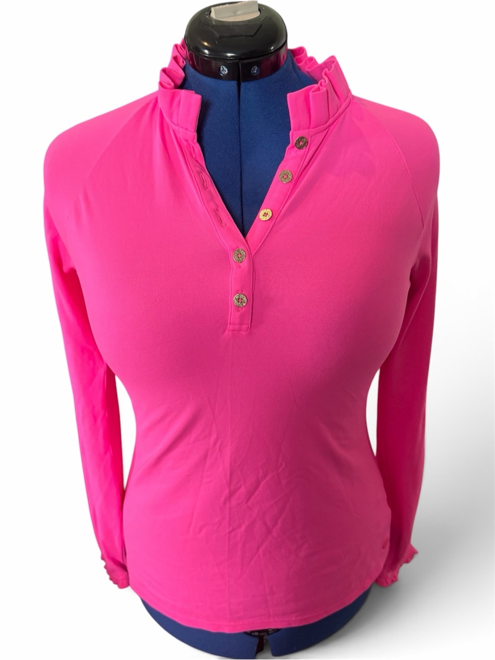 Lilly Pulitzer Hot Pink Long-Sleeve Ruffle Neck Polo